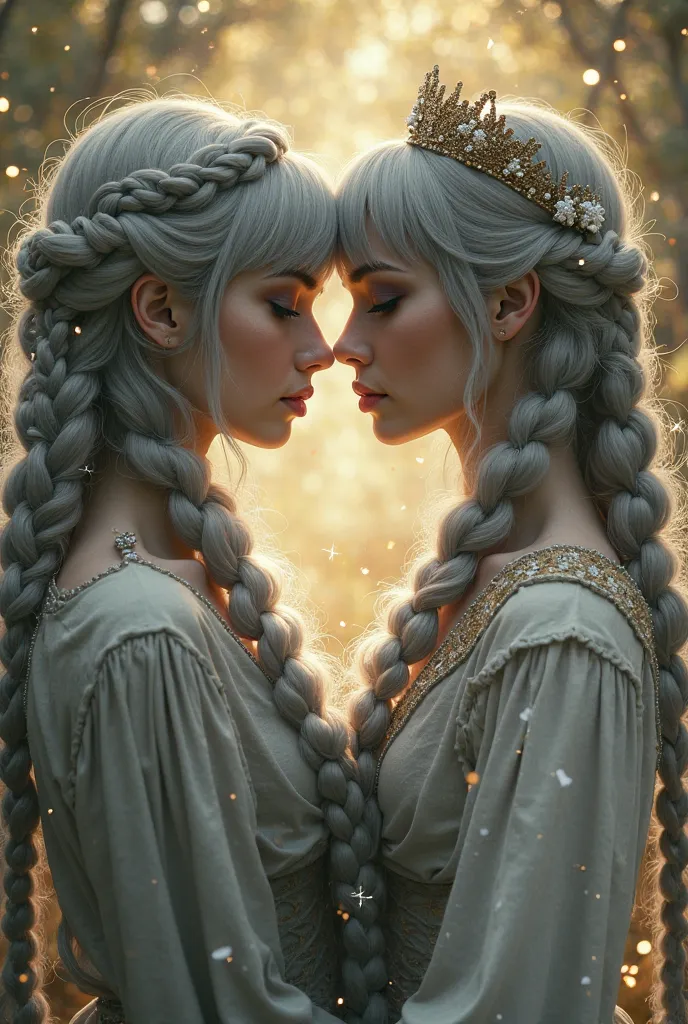 Want to create an image of 2 women facing and turning their faces sexy, long gray hair, long long braids, double-sided braids, big round eyes, light brown with sparkles, rosy lips look authoritative, wearing a dress with long sleeves, long bangs, a light g...