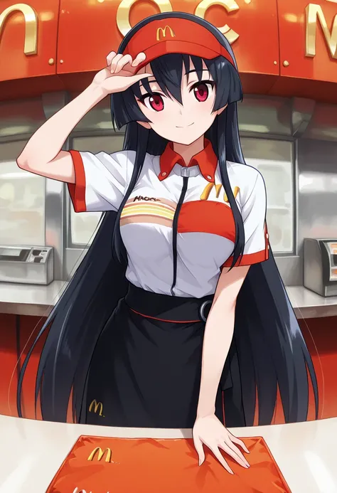 1girl, solo,akame-illustxl, long hair, black hair, red eyes,very long hair, mac,employee uniform, fast food uniform, visor cap, short sleeves, clothes writing, looking at viewer, standing , smiling , head tilt, close up , indoor,Fast food restaurant,anime,...