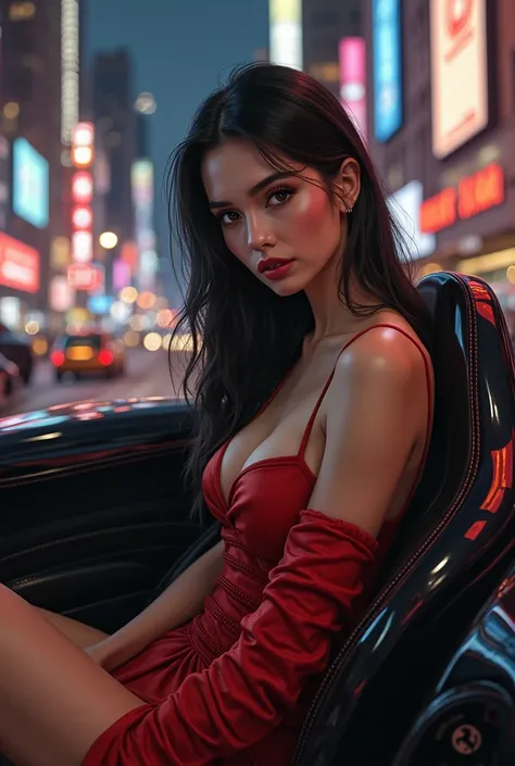 windows A beautiful pale white woman with long black hair, straight hair with layered cut, brown eyes, hourglass body, big breasts,  round buttocks , wearing a red Justo dress, with straight straps, In a black Ferrari 599 black the car from a slightly rais...