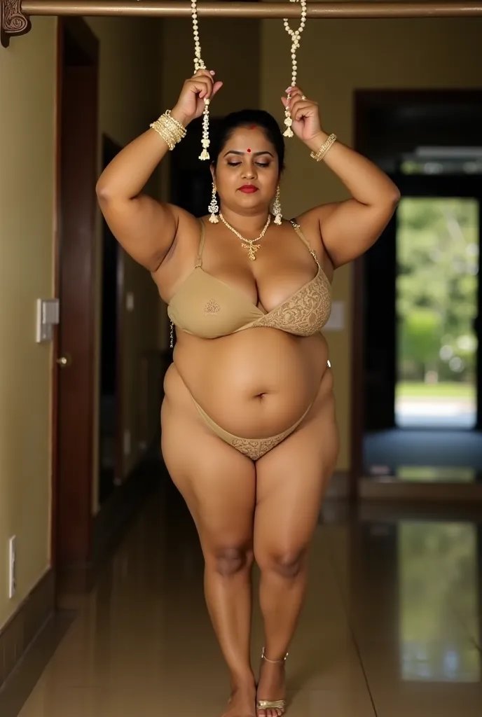 A thick voluptuous seductive mature married plus size Indian woman.eyes closed.wide face, wide nose mature, with long, hair tightly pulled backwards and tied in a pony showing her forehead and sindoor ,many bangles on hand,jewellery .on neck showing her fo...