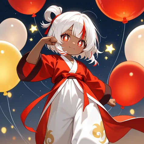 , white hair with red streaks on the bangs, short hair, hair tied in two, red eye, star-shaped pupils, cute, black and red short hanfu, short white balloon pants above the thigh, brown skin, , cute, pose holding stars in the night sky