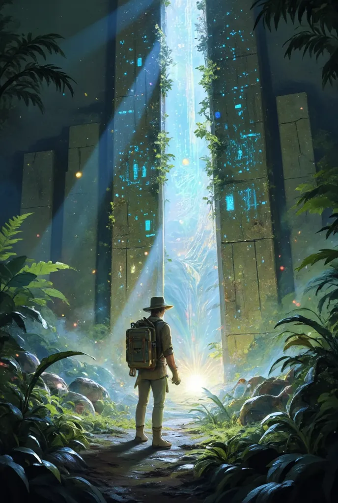 A rugged male explorer in his mid-40s, wearing a weathered brown leather jacket, dusty hiking boots, and a wide-brimmed hat, carries a sturdy backpack and a high-powered flashlight. He stands at the entrance of a colossal ancient alien ruin, its towering s...