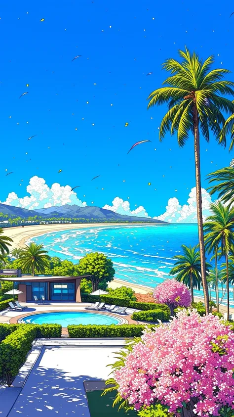 80's city pop art, Illustration by Eijin Suzuki，Summer landscape,  crystal clear sea , 白いstrandチェア，tropical, strand, Sea view,  particle, (Wind Line :1.2), palm tree, blue sky,  Resort, Colourful bougainvillea、  . (masterpiece, best quality:1.2)Overlooking...