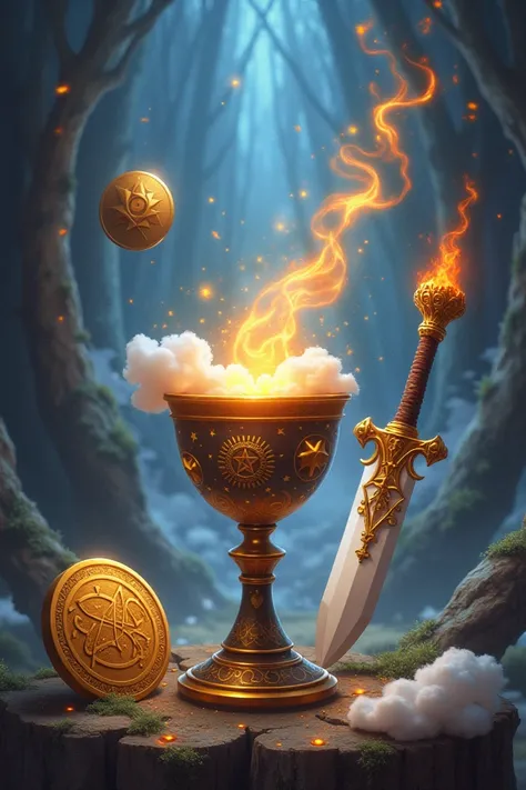 Hello I would like you to create a, design where a chalice with star designs appears, a gold coin with a pentacle, a sword made of clouds, and a fire wizard's staff