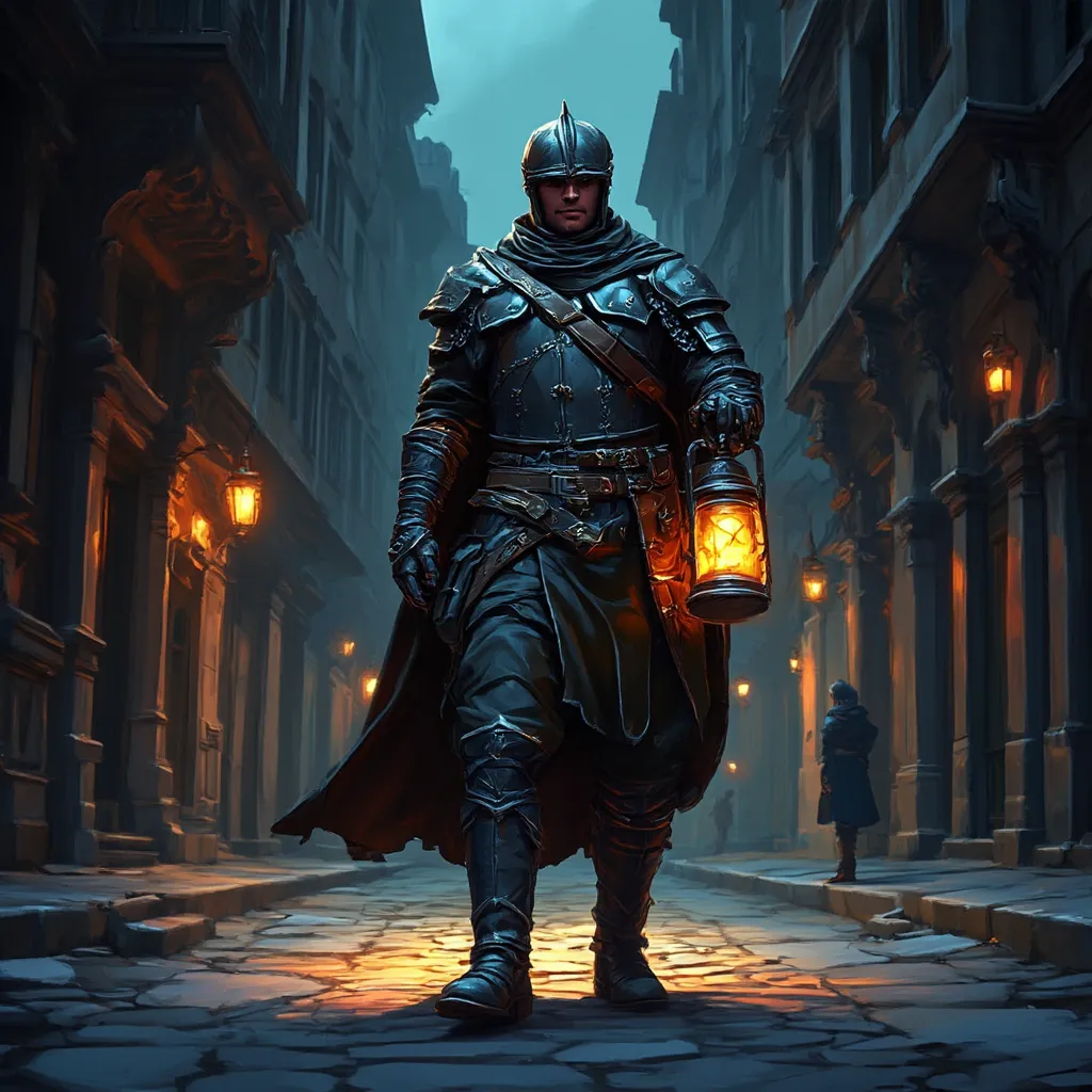 Painterly semi realistic but not too realistic Fantasy illustration style, a lightly armored city guard patrolling a night time street, holding a lantern