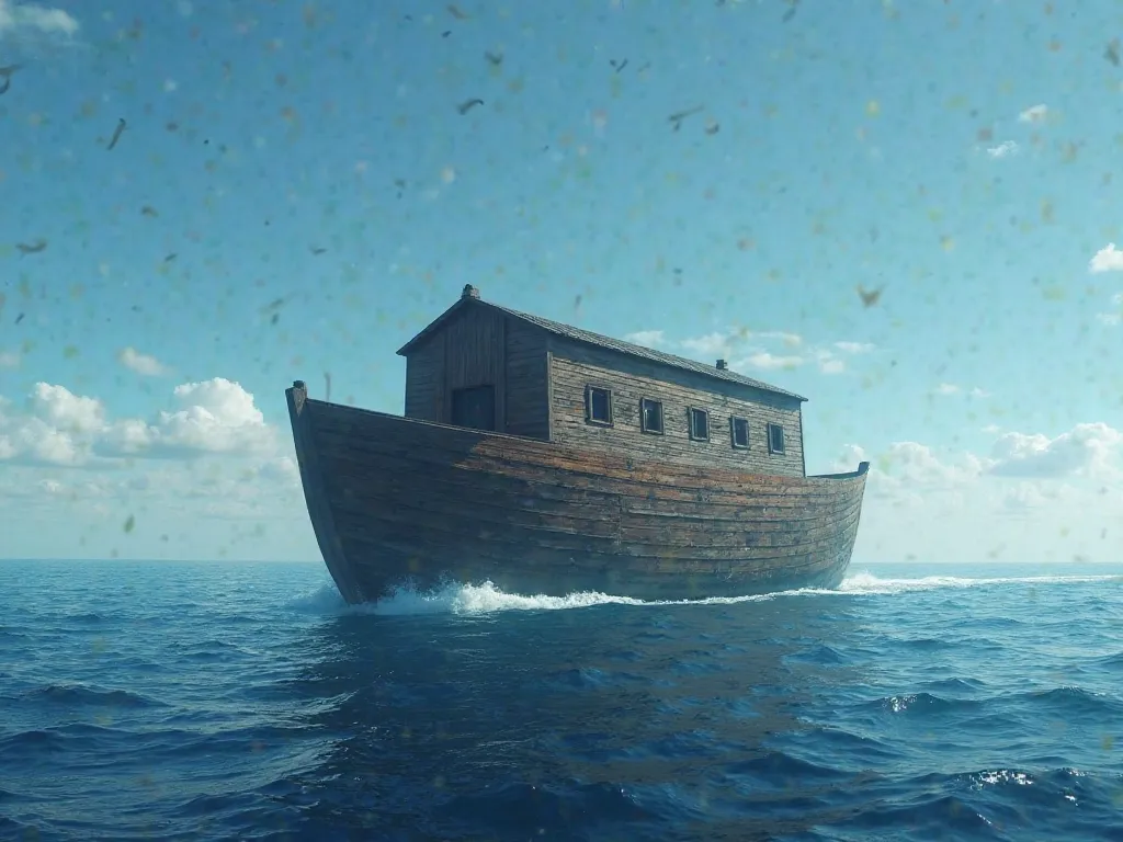 
"The Ark of Noah floats majestically on a sea of water that covers the entire landscape. The Ark's wooden hull, coated in pitch, glistens in the sunlight, and its three decks rise above the waterline. The flat roof and sloping sides of the Ark are visible...