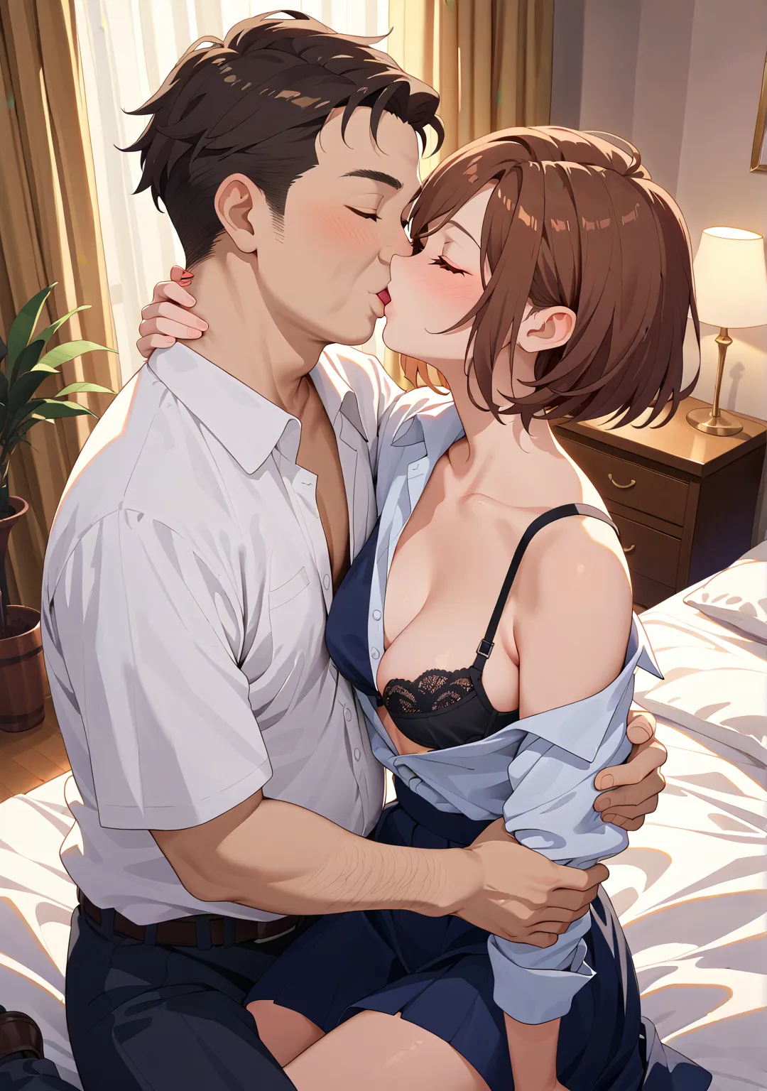 night,dimly light, close the curtains,Overhead Shot,nsfw,1 girl,1 man,short hair,straight hair that can't be seen from the outside ,brown hair,brown eyes,swept bangs,white button-up shirt, dark blue skirt,fat old man,middle age man,indoor, drunk, hotel ,be...