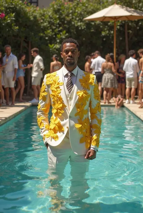 Man in white suit witj yellow leaves all over the suit while he simhs  in mansion  pool with exclusive  guests dancing  with crowd wearing shirts witj short pants 