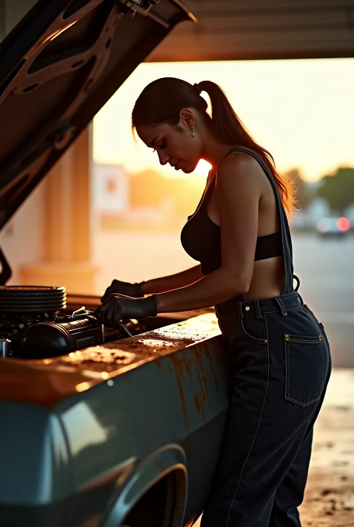 (photorealism:1.2), Full body view. A classic Muscle car, being repaired by a three of 35 year old beautiful Malaysian chuby curvy female mechanic, Repairing an engine with heavy smoke, Sweating filled with oil spills, big-breast round shape, hour-glass bo...