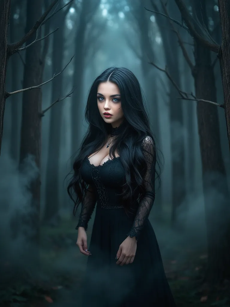 NUDE vampire girl, detailed portrait, young beautiful woman with pale skin, dark eyes, fangs, mysterious expression, black long hair, standing in dark forest, trees, mist swirling around, 4k, ultra-detailed, photorealistic, cinematic lighting, dramatic sha...