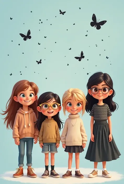 A Disney-style illustration of four friends: three girls and a boy stand side by side against a light blue background, on which tiny black butterflies fly. We are all young, smiling, and friendly radiance. The girl on the far left has a long, light brown h...