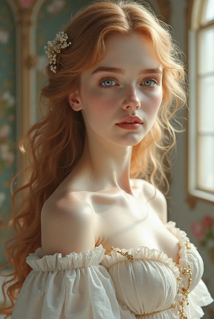 The fragile princess of just . Beautiful like a goddesses 
Her skin is super pale and pure, without blemishes. The face is just perfect. Long strawberry blonde hair. And blue eyes.