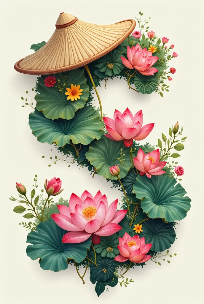 Show me the image of the letter S on the map of Vietnam made with lotus as the main theme with some other flowers and this letter S is wearing the traditional Vietnamese conical hat