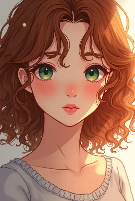 Create for me a girl in the Manhwa style, curly reddish brown hair, brown skin with rosy cheeks, light pink lips, gentle light green eyes, button nose 