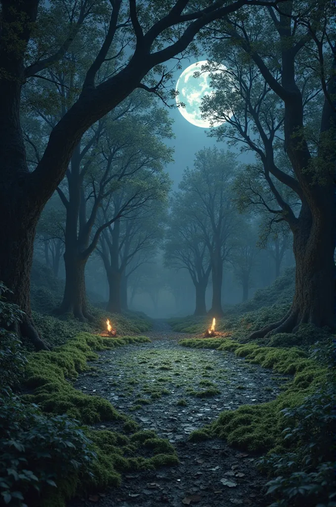 A forest full of oak trees at night, right in front of you is an empty line of trees almost in the shape of a square and the only thing that lights up are two torches in the background