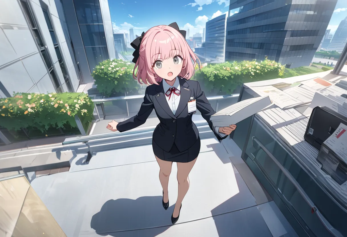 threequaterview、office building holding documents in her arms、Outdoors、 ((full body)), standing,Source Anime, (Masterpiece), (Best Quality)), (Very Detailed), ((Cute)), (Amazing), (Detailed)), 4K, (8k), Highest Quality , (beautiful), perfect anatomy, ((per...