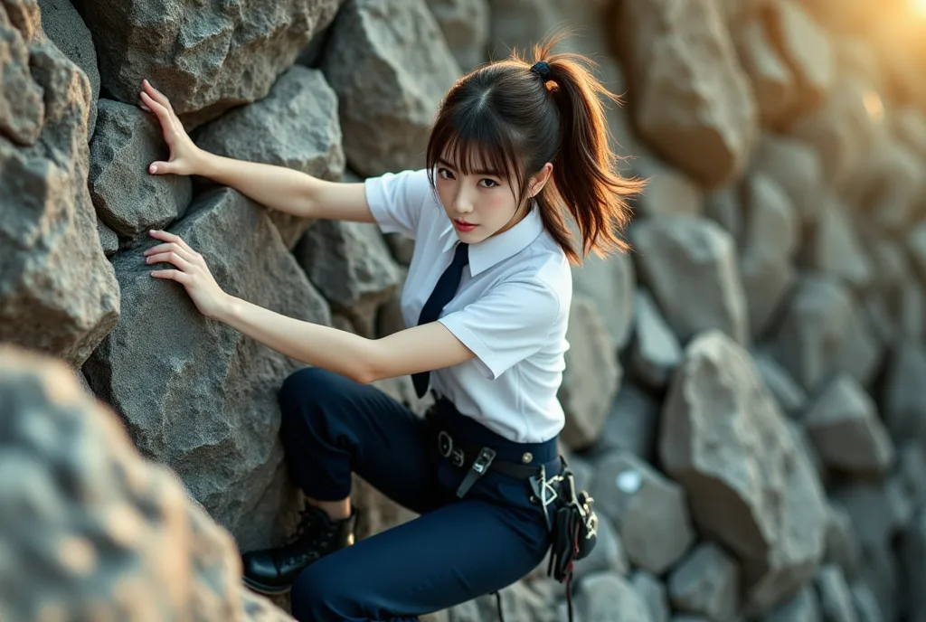 Sexy beautiful Japanese woman, a self defense officer uniform, wearing a white short-sleeved shirts, navy blue tie, navy blue culottes, Black mountaineering boots, beautiful hip-line, Beautiful thighs, a woman rock climbing, A woman is scrambling up a moun...