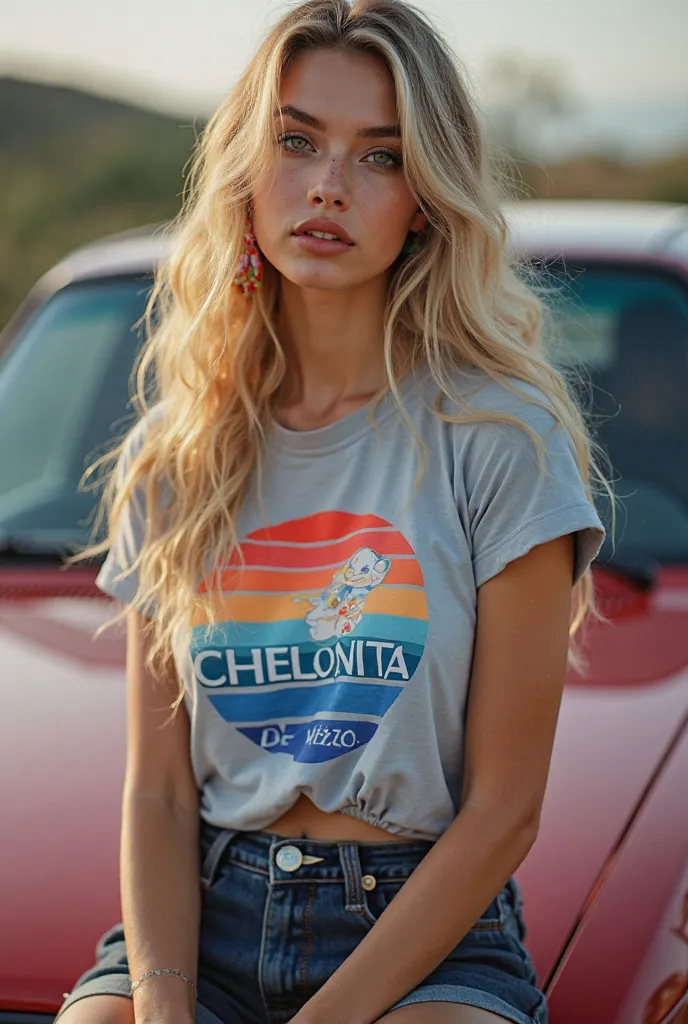 8k, masterpiece, highest quality, Colorful, wearing sport t-shirt with logo of chelonita.com , long blonde wavy hair, sitting on hood of bmw car, soft light, fashion photography, high-contrast, vivid colors, stylish earrings
