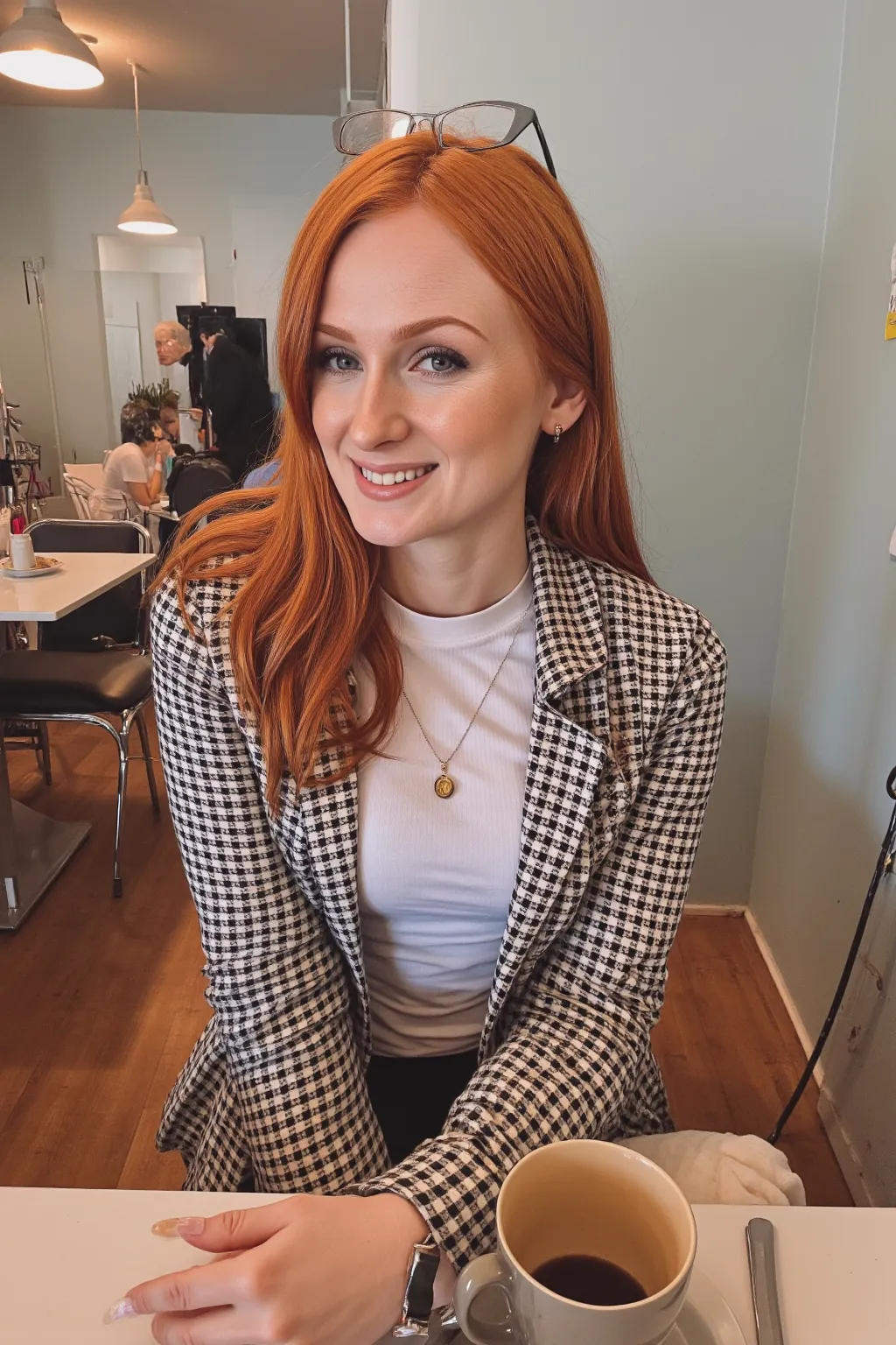 date a ginger woman sitting at a table with a cup of coffee