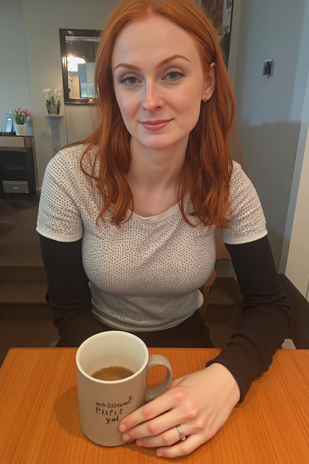 date a ginger woman sitting at a table with a cup of coffee