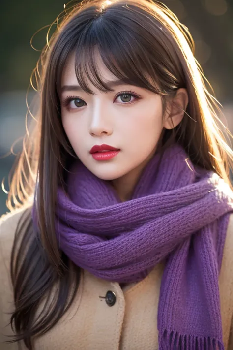  1 girl, stupid hair, bangs, Blonde, Blow a kiss , blue eyes, blue  scarves , brown  scarves ,  Cleevidge ,  closed,  eyelash , face,  Floating Hair ,  hair between eyes , heart, lips, lipstick,  long hair,  Watch Your Audience, compensate, night null, nos...