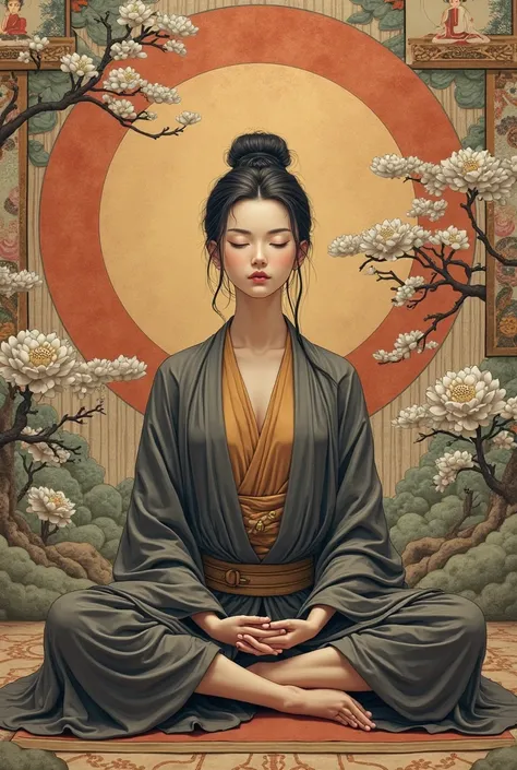 There is a picture of a person sitting in the lotus position, Paintings with ultra-fine details inspired by Fuminaga Tani ,  trending on pixabay, ukiyo-e, Buddhism徒 art, Buddhism,  の絵古代Japanese painting, Reincarnation, the , Buddhism徒, Japanese painting, I...