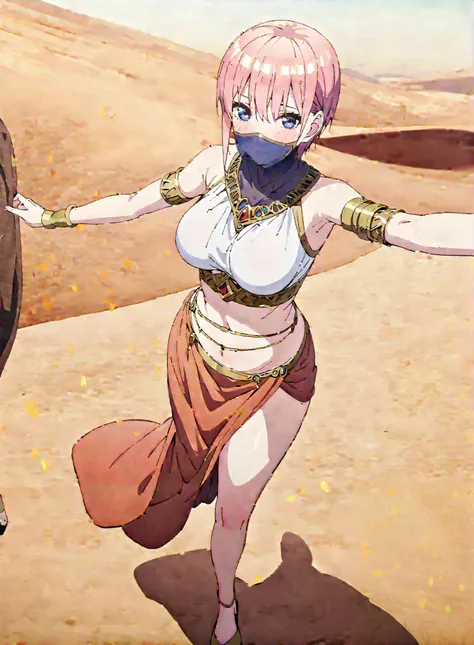  Nakano Ichika,  short hair, bangs, blue eyes,  o, pink hair near MM, smile,blush,half up do,Big Breasts,Chest Valley,Arabian clothing,  dancer , mouth Veil, belly Dancing, Veil, armlet, Dancing, Bare legs,is standing,full bodyがイラストに入るように,break outdoors,  ...