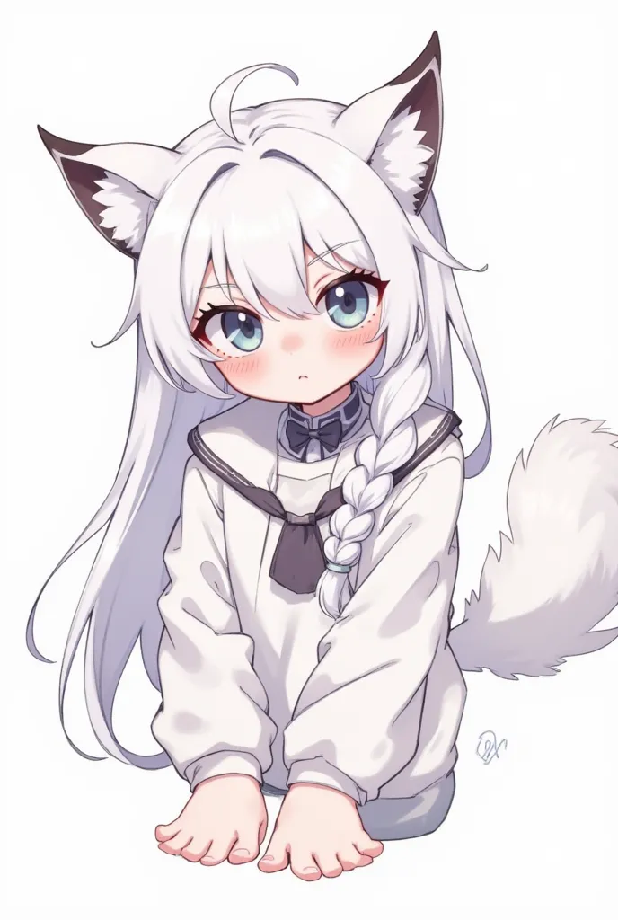 White-haired girl in a long braid and bangs with ears and a cat's tail showing her feet 