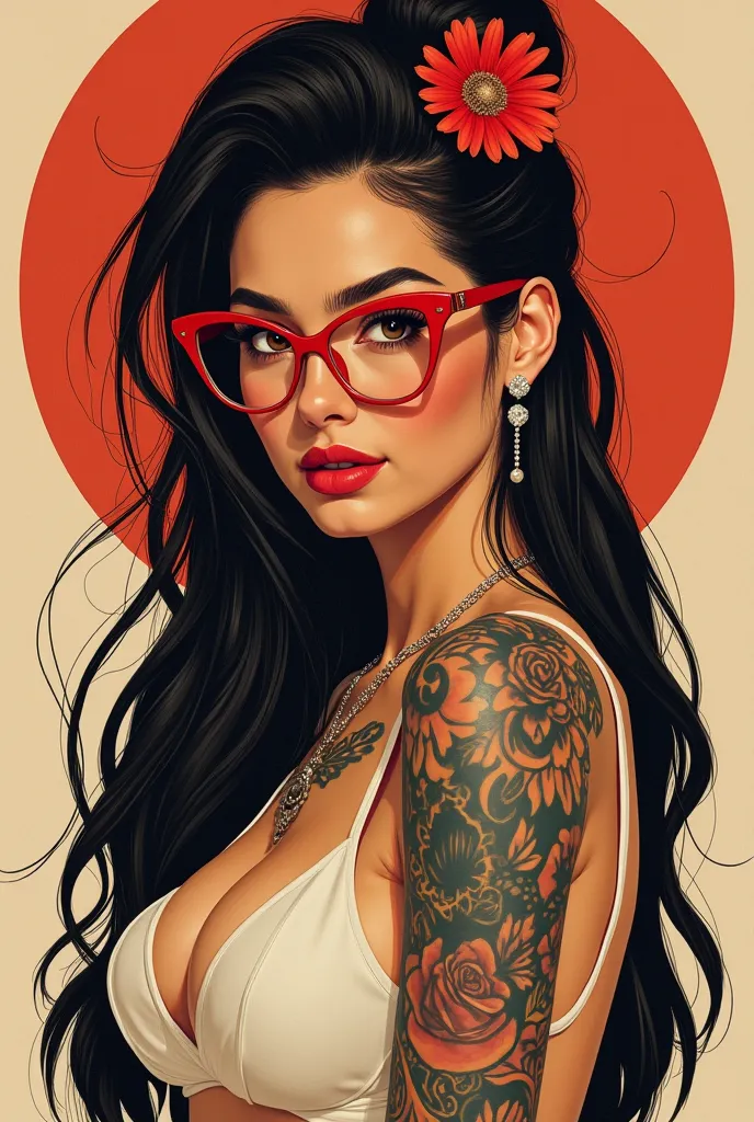 **Prompt:**

Create a high-resolution, award-winning self-portrait of McCall, capturing her striking appearance with a seductive, closed-mouth smile, looking directly at the viewer. Her long black-brown hair is styled in a half-updo with a flower, with som...