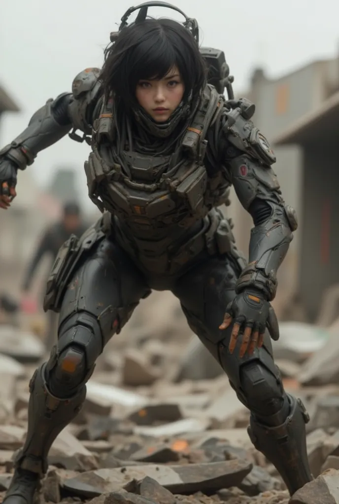  Realistic Near Future  、 realistic expression、   in the Dust  、 A beautiful Japanese woman from Allied Special Forces comes down from the cockpit of a destroyed robot、jpn mark  、 Damaged battle suit 、Futuristic headgear、、 Scattered rubble、    Accurate and...