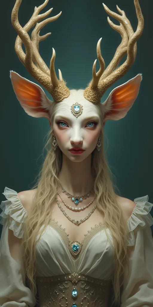 The eyes are embedded with sparkling jewels、facing the front。The head is a deer with a delicate coat drawn on it、It has splendid horns 。The body is a human female、 girl wearing a long sleeve dress 