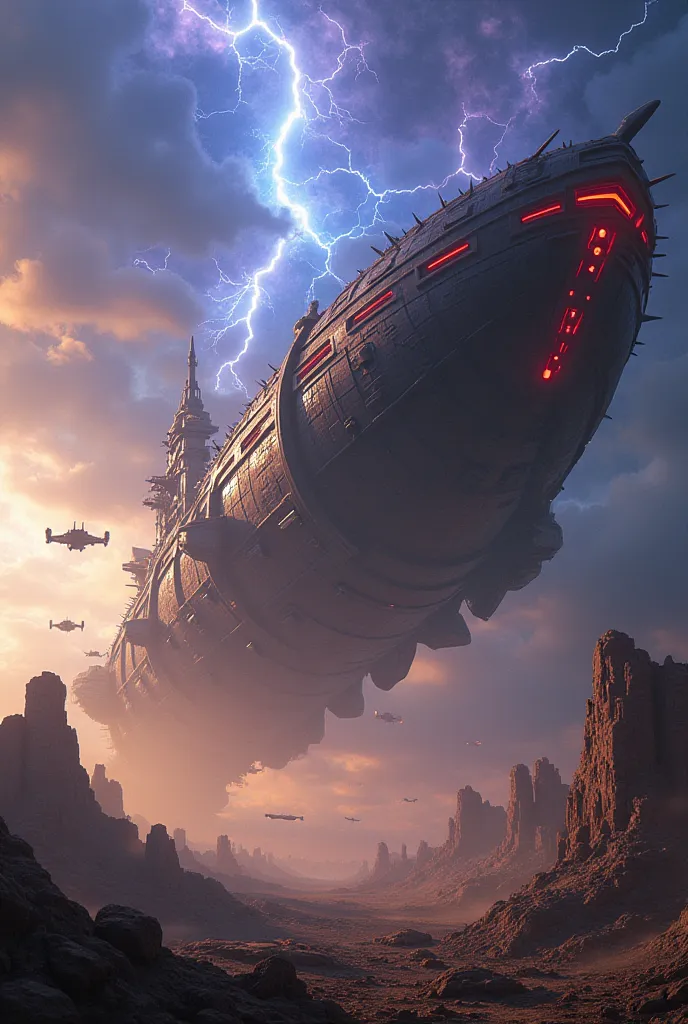 *"A hyper-realistic, ultra-detailed cosmic invasion scene. The sky is violently torn apart by a massive interdimensional portal, crackling with arcs of blue and purple energy. Emerging from this portal is Sanctuary II, Thanos' gargantuan warship, dominatin...