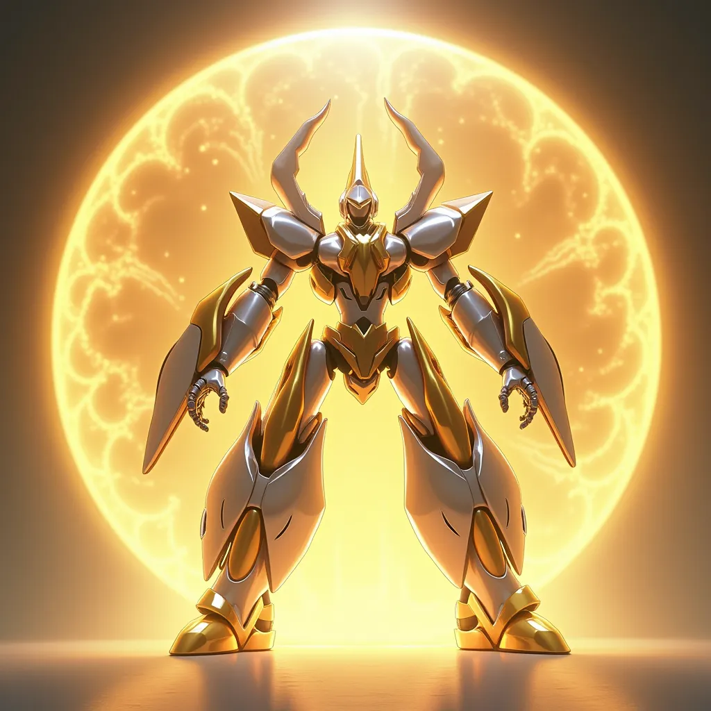 Digimon robot, Medabot, Medarot,  defensive , inside a protective round golden, sphere of light, protective sphere, dodging , design , anime