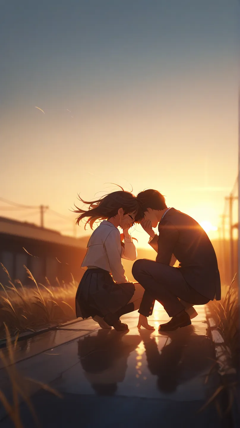 masterpiece, high quality, High Resolution,  details, wide shot, perspective, couple, 1 girl crouching, cut,  blunt bang, the wind flutters your hair,  sad face, Tears fall,  place your hand over your mouth,  Mid-chest,  school uniform, the wind flutters y...