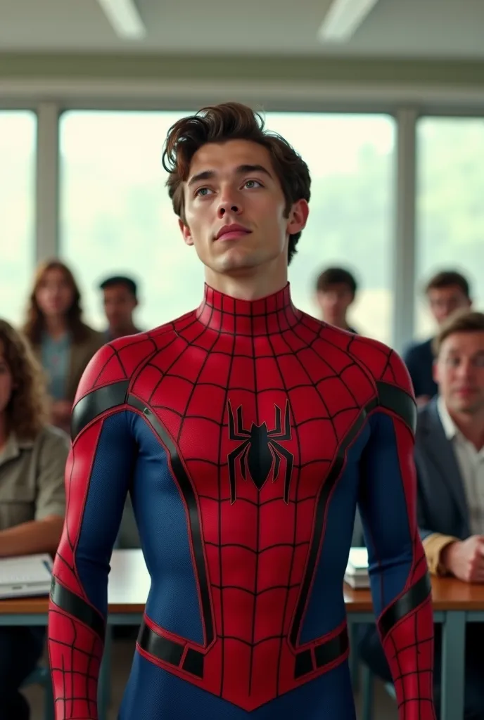 It generates an image of a scene from a Spider-Man movie, but with Peter Parker wearing student clothes but not wearing a Spider-Man costume, with people behind him looking at him in amazement in a school classroom but set in a 1980 science fiction film wi...