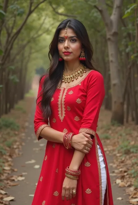 red thin low neck tyt short kurti me hu, side slits kafi high hai, low waist thin white tyt leggings hai, side se sxy shappy glowing waist dikh rahi hai kurti k slits se mang me sindoor, cute bindi on forehead, glowing mahendi on hands n legs, red bangles ...