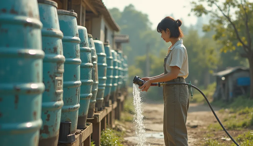 everything is a doll,"A young japanese woman  is filling multiple large water tanks with water. She is using a hose and carefully ensuring that each tank is filled properly. The scene is set outdoors with a rural or semi-rural background, featuring trees a...