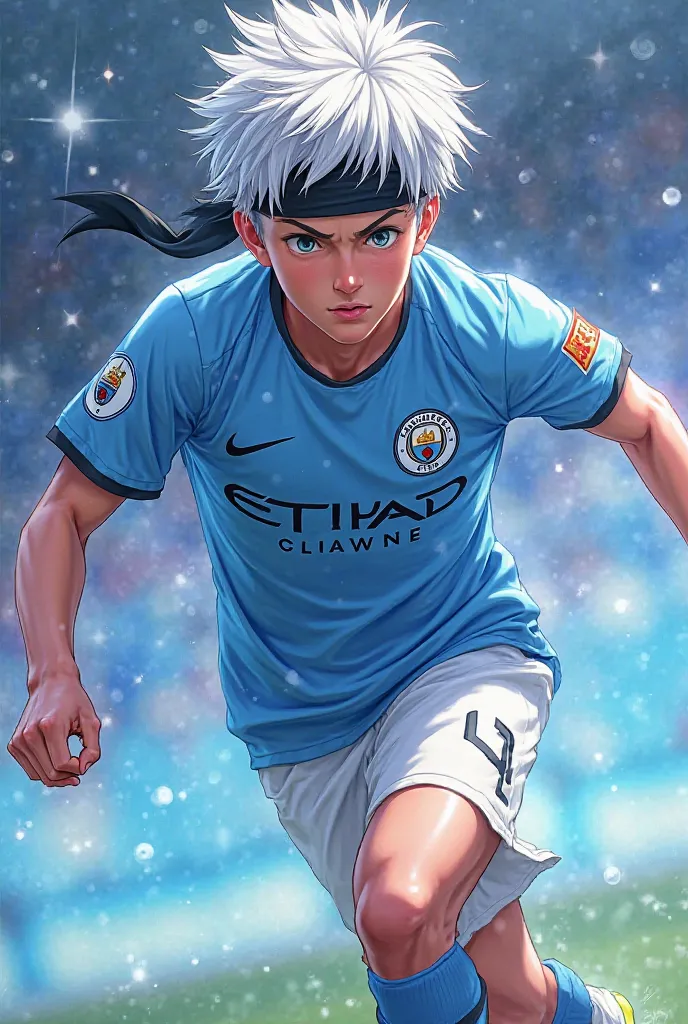 Joueur de foot en style animé japonais qui viens du manchester city qui a des cheuveux blancs et une middle part et qui a un bandeau noir aux yeux