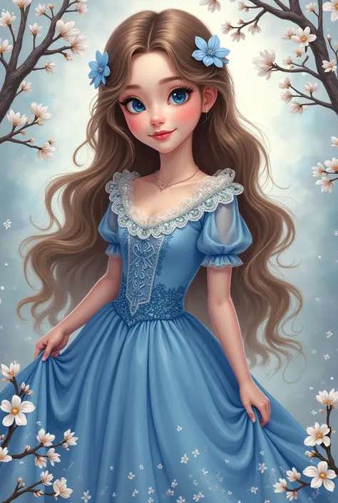 This image contains the following elements:
-、 It shows a young woman drawn in an animated style。 she has long curly hair、  Big Blue Eyes  。 The costume is a vintage style blue dress 、 decorated with lace and flowers 。  、 Blossoming branches are visible 、 ...