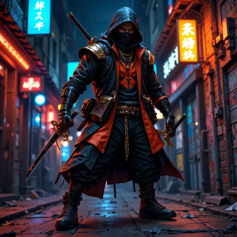 Outfit: modern ninja costume, black with vibrant orange details, stylized hooded jacket, classic ninja mask covering his face, gold chains around the neck, leather gloves and high-top sneakers.
Pose: Holding a katana in his right hand resting on his should...