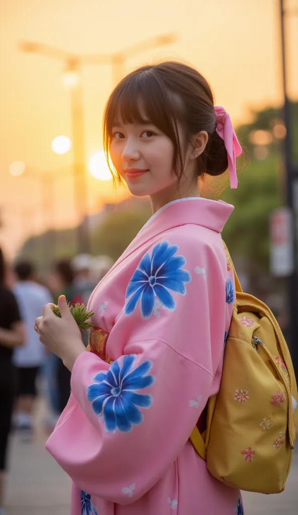 "Create an image of a young woman in a traditional pink kimono decorated with large blue flowers, standing in front of a warm sunset. Her hair is styled in a bun with a pink ribbon, and she has a confident, gentle smile as she looks over her shoulder. She ...