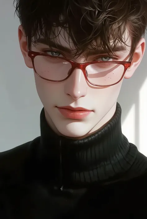 A handsome young man with short brown hair, blue eyes and freckles, wearing red glasses with transparent lenses and a black sweater covering his neck, his features are close