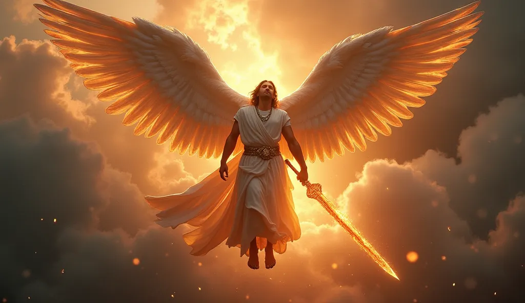 I need an image where the Archangel Michael appears with a fiery sword in his hands and next to him a little lower there appears a spirit of darkness with chunks being expelled to earth I want the scene to be in the heavens a sky in daylight a clear sky