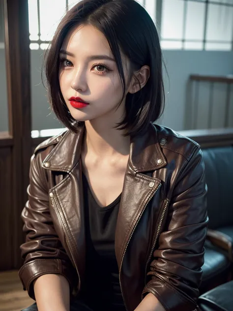 1 girl crouching, Alone, viewer,  short hair,   black hair, jacket, upper body,  dark eyes, lips, makeup, portrait, lipstick,  red lips, leather, leather jacket, , Magical Atmosphere,  dynamic dramatic composition , amazing,  very moving , Wonderful, , dyn...