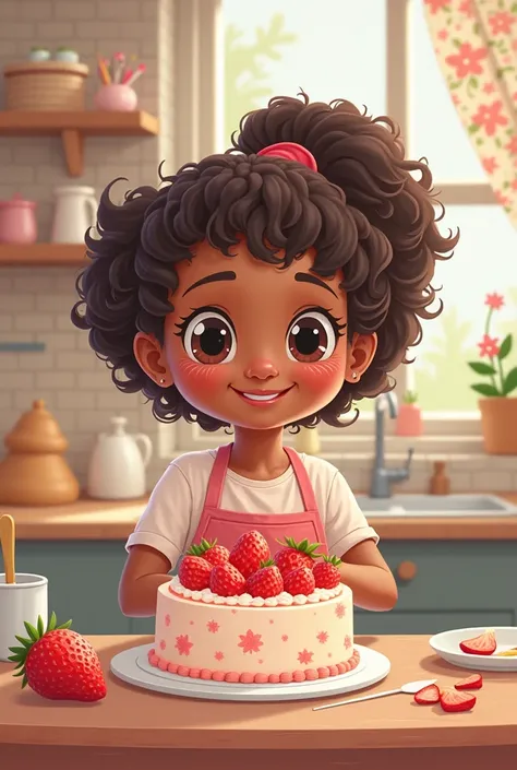 Make a cute dusky skin tone cartoon  girl making a birthday strawberry cake in her home 