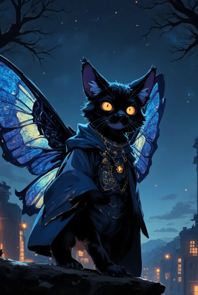 Make an anthropomorphic humanoid furry moth with dark fur and blue highlights and luminous details on its wings, which glow subtly in the dark like constellations. Its eyes have an intense golden glow, seeming to carry the light of the stars themselves. It...