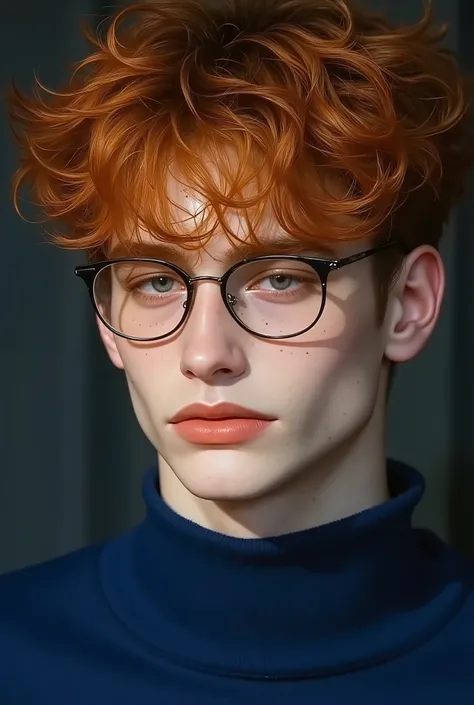 A handsome young man with short orange hair, blue eyes and freckles, wearing black glasses with transparent lenses and a deep azure blue sweater covering his neck, his features are close. messy afro curly hair