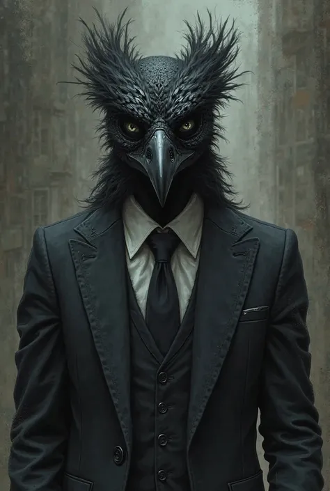 In the same drawing style make a man in a suit and a raven mask