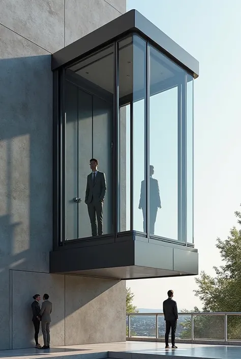 An ultra-realistic 3D-rendered image of a modern square glass elevator on the exterior of a building, positioned at a mid-level height above the ground. The elevator features a sleek black mirror stainless steel frame and transparent glass walls. Inside, a...