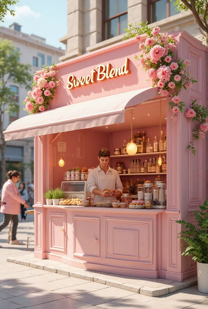 create me a coffee shop image name is "Sweet Blend" its like in kiosk, for advertisement . the theme is pink